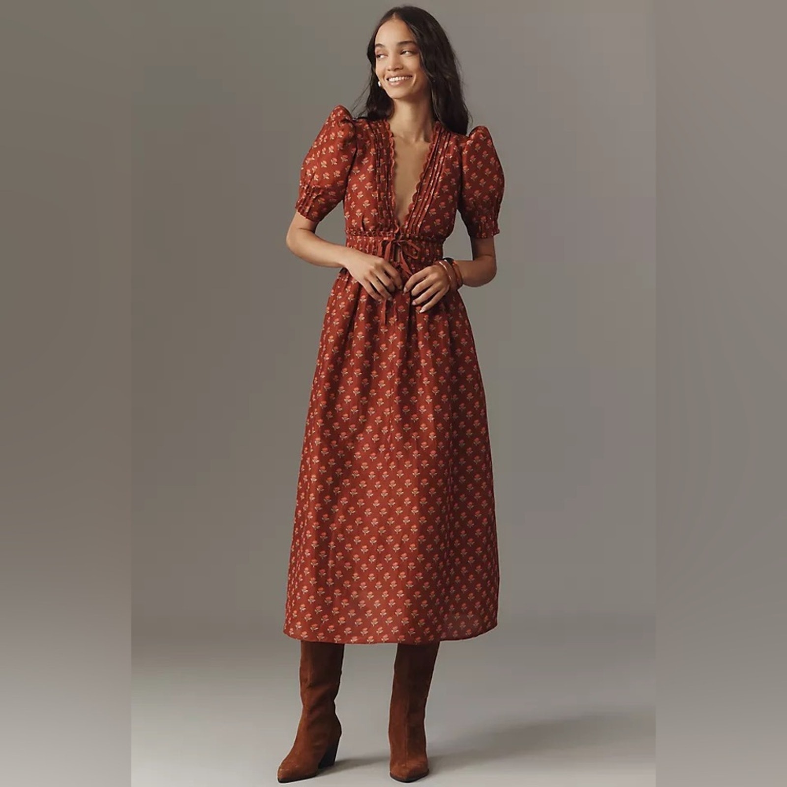 Lovaan Boehm Linen-Silk Puff-Sleeve V-Neck Midi Dress — image 4 of 8